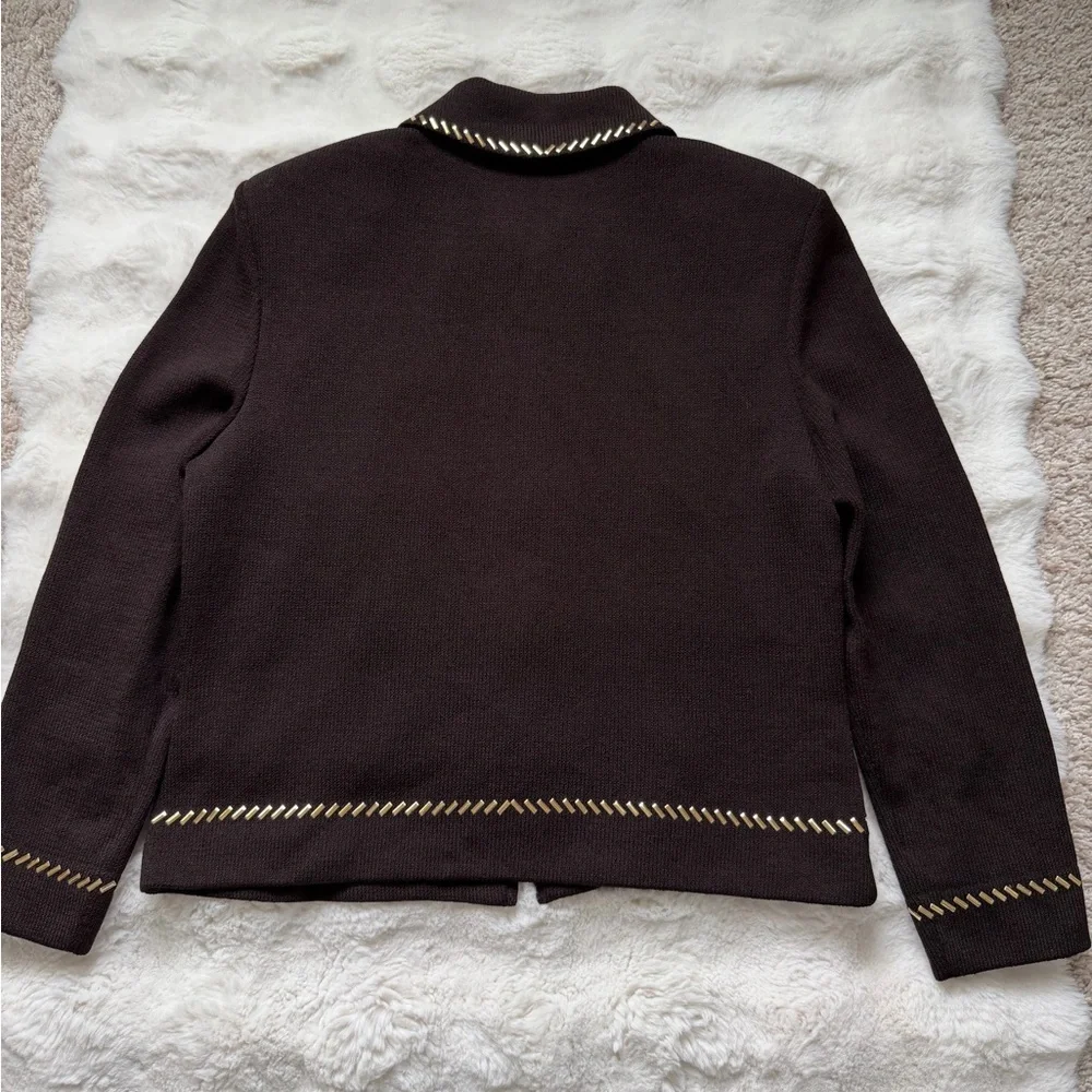 ✨St. John Collection Brown Suede Knit Jacket Gold Chain Trim Zipper Blazer - 10